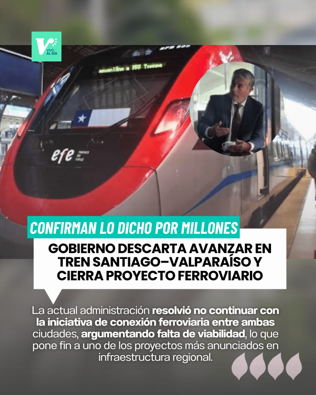 Gobierno descarta avanzar en tren Santiago–Valparaíso y cierra proyecto&nbsp;ferroviario